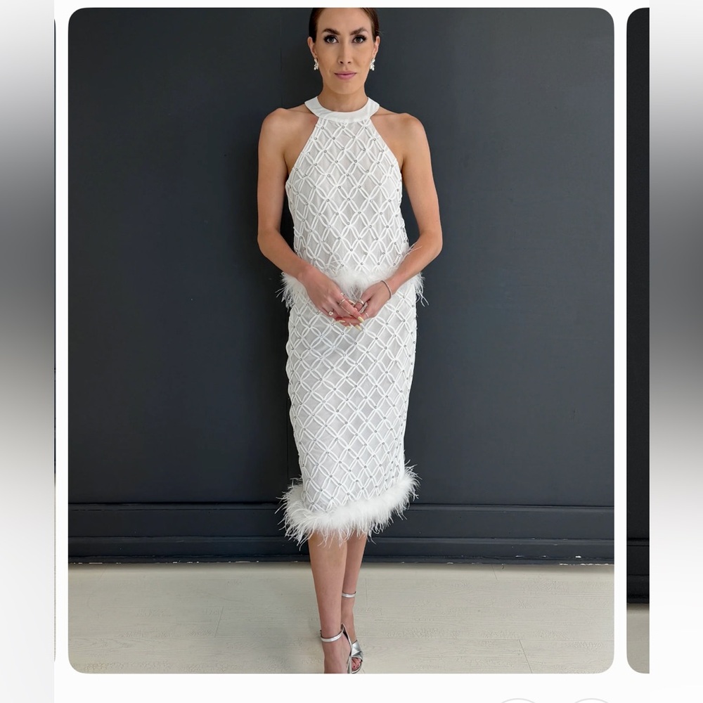 White Halter Top and Midi Skirt with Feather Trim